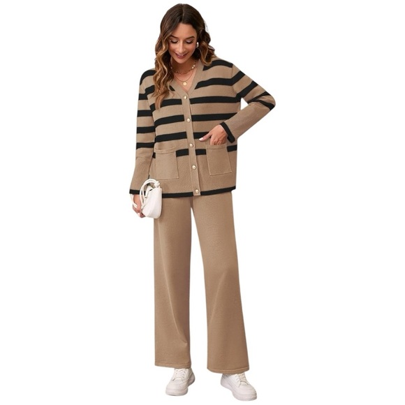 Viottiset Tan & Black Striped Lounge 2 Piece Set XL Button Top & Wide Leg Pants - Picture 6 of 10